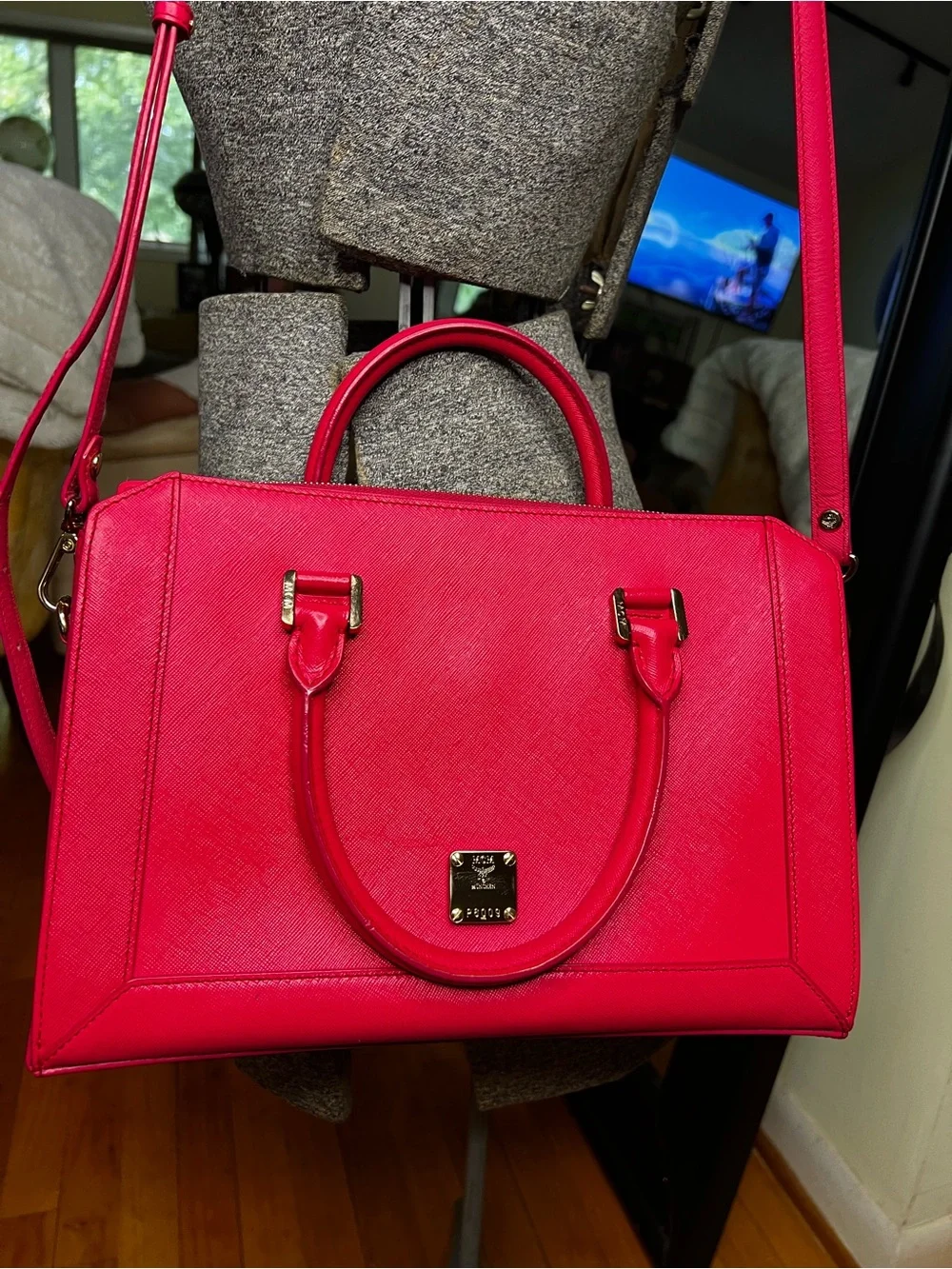 Title: MCM Saffiano Nuovo Pink Leather 2-Way Satchel Tote Crossbody COA